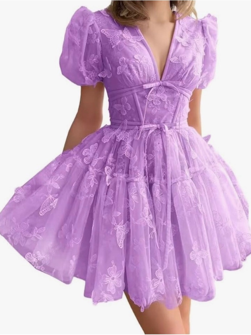 Lavender Lace Puff-Sleeve Mini Dress